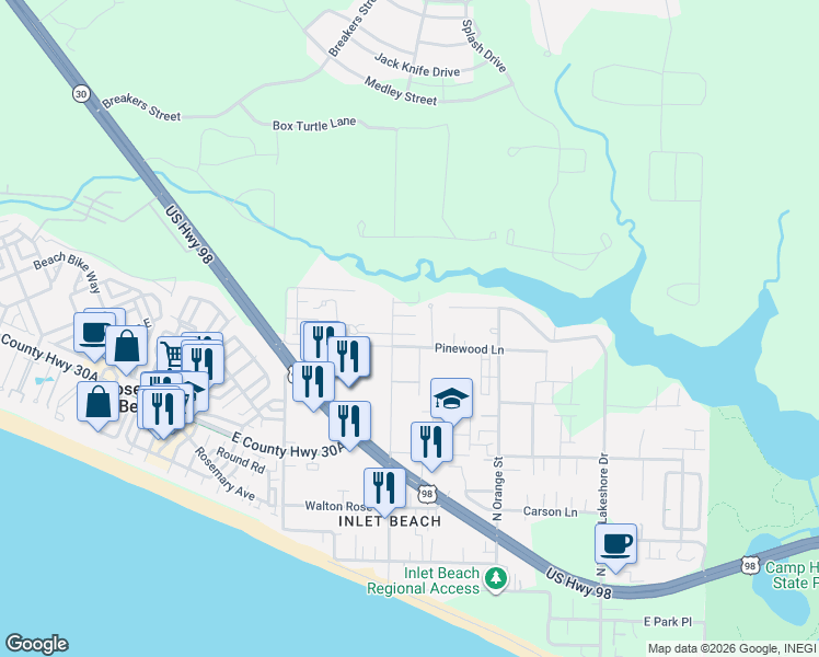 map of restaurants, bars, coffee shops, grocery stores, and more near 59 Willow Mist Road in Panama City Beach