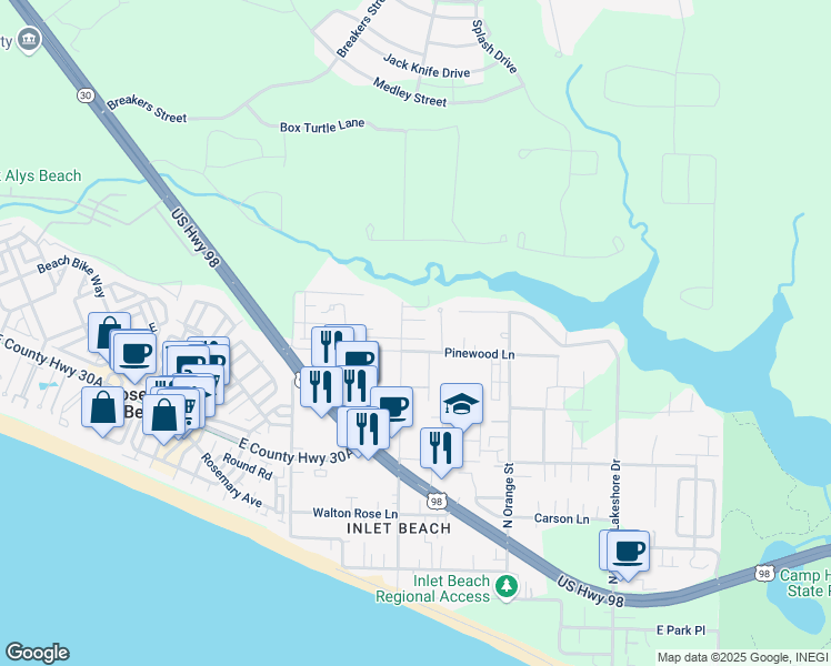 map of restaurants, bars, coffee shops, grocery stores, and more near 59 Willow Mist Road in Panama City Beach