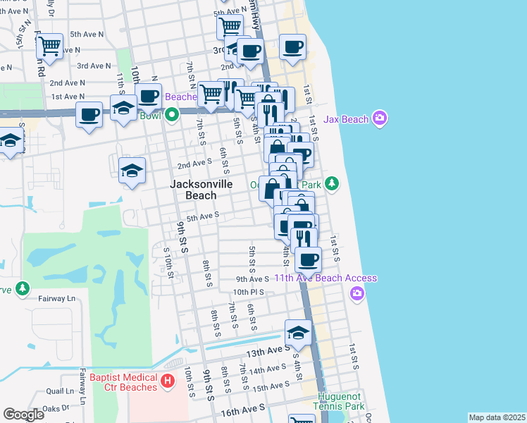 map of restaurants, bars, coffee shops, grocery stores, and more near 435 5th Avenue South in Jacksonville Beach