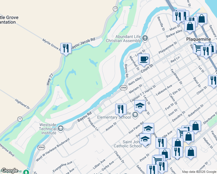 map of restaurants, bars, coffee shops, grocery stores, and more near 58935 Island Drive in Plaquemine