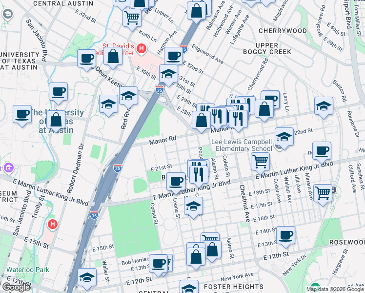 map of restaurants, bars, coffee shops, grocery stores, and more near 1901 Manor Road in Austin