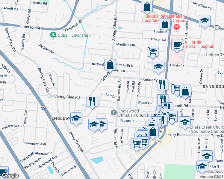 map of restaurants, bars, coffee shops, grocery stores, and more near 4064 Barnes Road South in Jacksonville