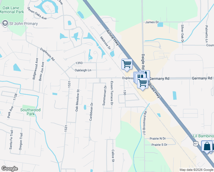 map of restaurants, bars, coffee shops, grocery stores, and more near 14518 Essen Terrace Drive in Gonzales