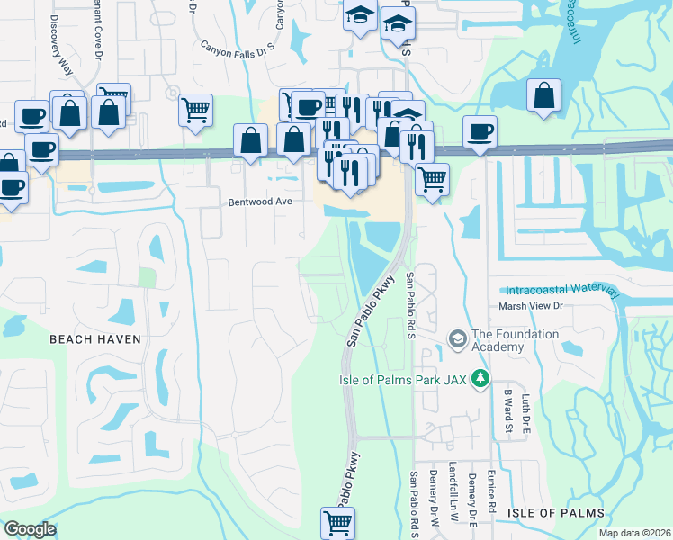 map of restaurants, bars, coffee shops, grocery stores, and more near 3461 Washburn Road in Jacksonville