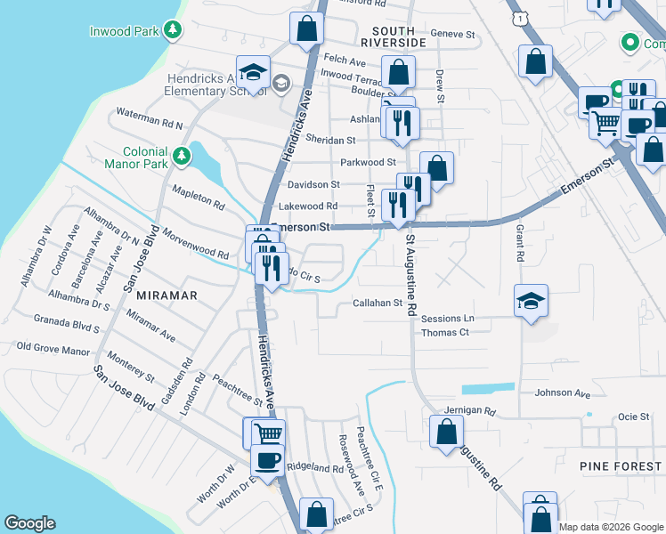 map of restaurants, bars, coffee shops, grocery stores, and more near 1745 Greenridge Road in Jacksonville
