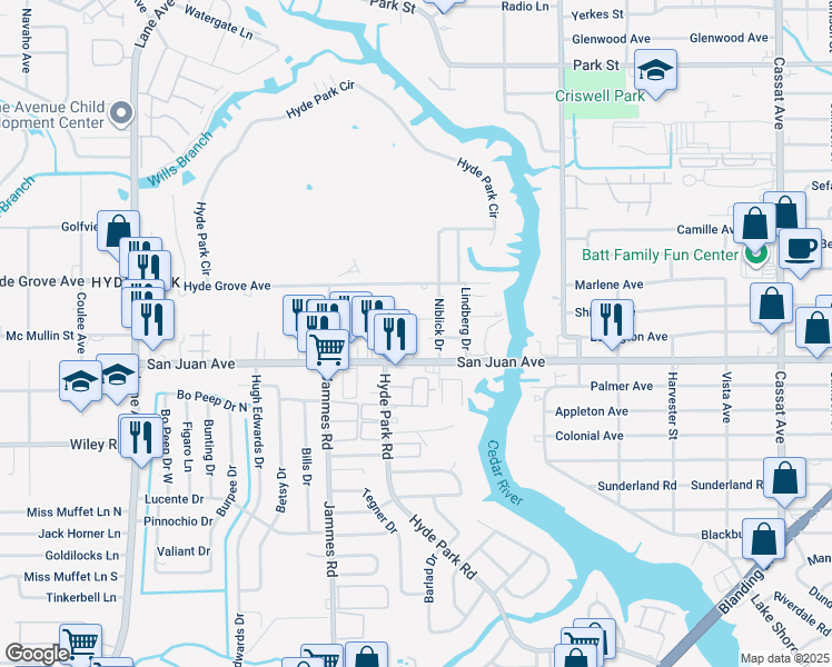 map of restaurants, bars, coffee shops, grocery stores, and more near 1942 Niblick Drive in Jacksonville