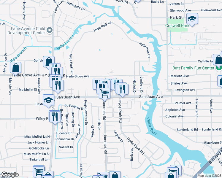 map of restaurants, bars, coffee shops, grocery stores, and more near 6345 Kimberly Lane in Jacksonville