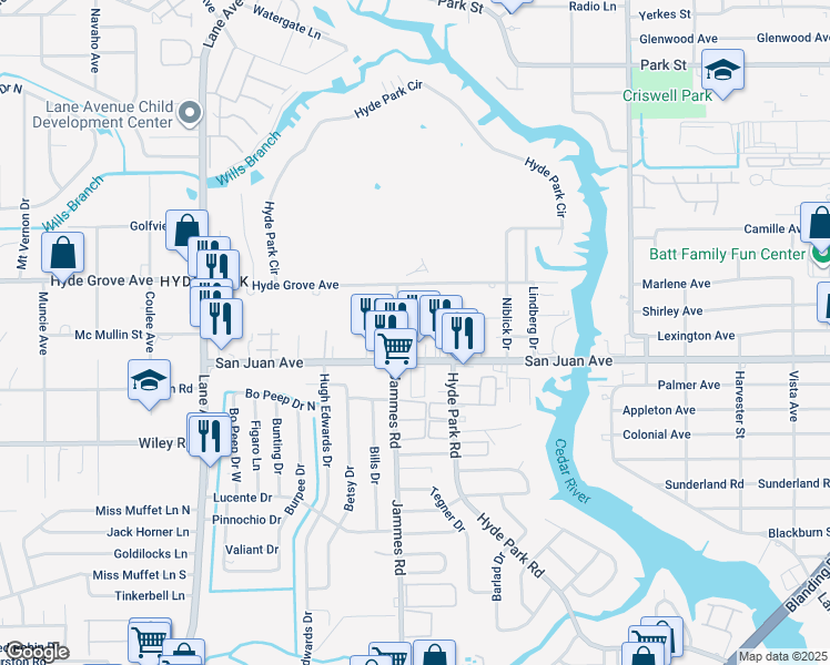 map of restaurants, bars, coffee shops, grocery stores, and more near 6345 Kimberly Lane in Jacksonville