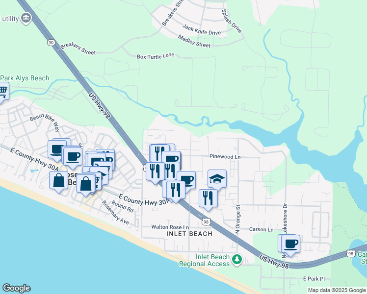 map of restaurants, bars, coffee shops, grocery stores, and more near 347 North Wall Street in Panama City Beach