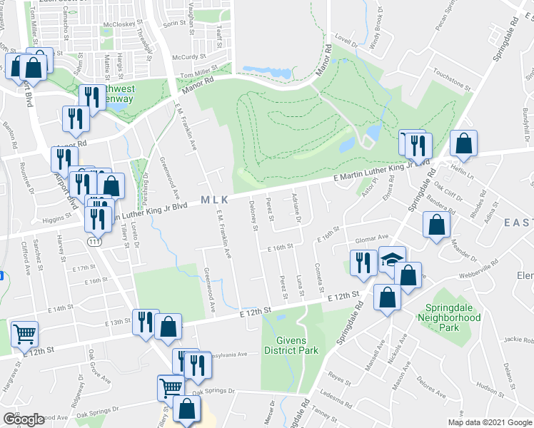 map of restaurants, bars, coffee shops, grocery stores, and more near 1805 Deloney Street in Austin