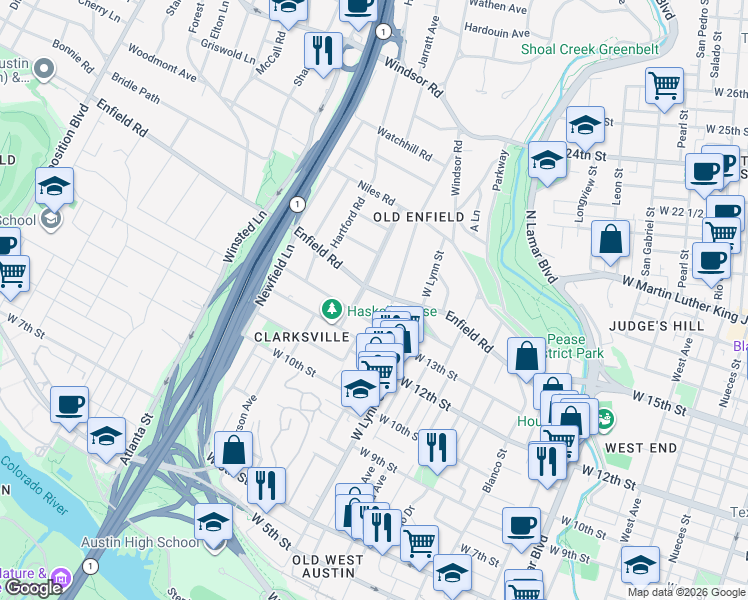 map of restaurants, bars, coffee shops, grocery stores, and more near 1618 Enfield Road in Austin