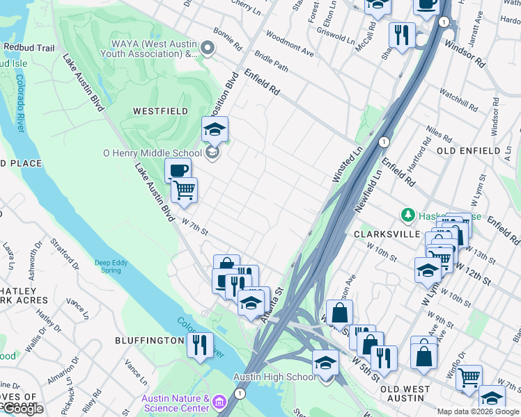 map of restaurants, bars, coffee shops, grocery stores, and more near 907 Possum Trot Street in Austin