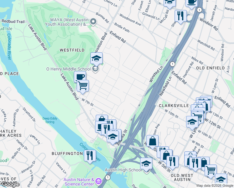 map of restaurants, bars, coffee shops, grocery stores, and more near 907 Possum Trot Street in Austin
