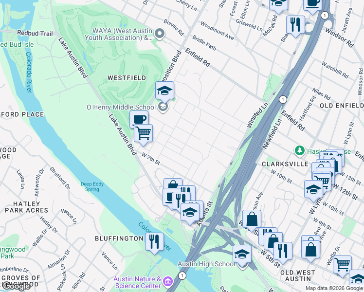 map of restaurants, bars, coffee shops, grocery stores, and more near 907 Possum Trot Street in Austin