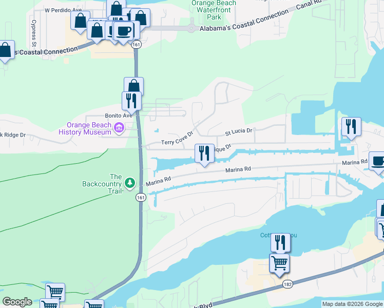 map of restaurants, bars, coffee shops, grocery stores, and more near 26229-26237 Martinique Dr in Orange Beach