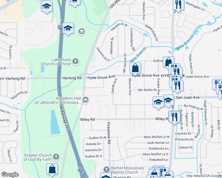 map of restaurants, bars, coffee shops, grocery stores, and more near 1950 Delray Avenue in Jacksonville