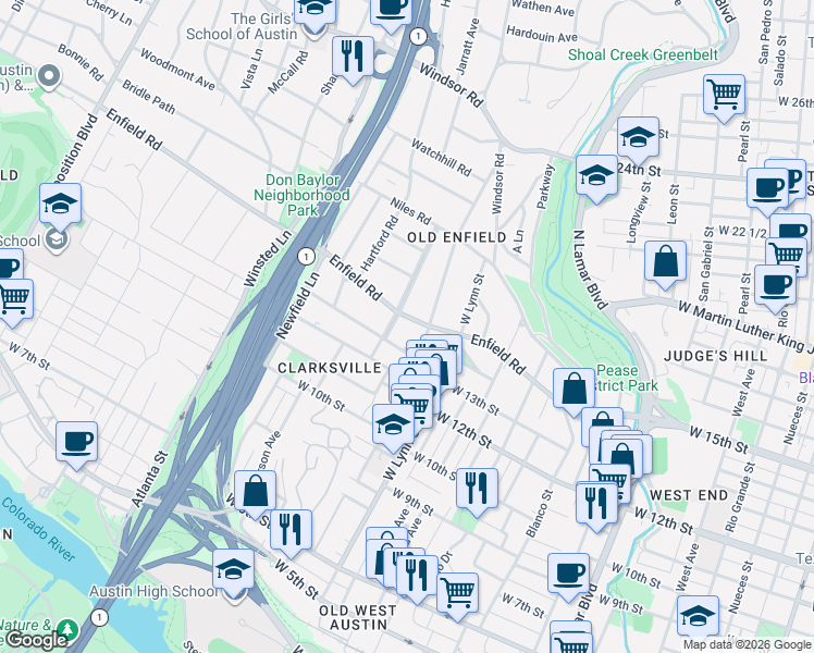 map of restaurants, bars, coffee shops, grocery stores, and more near 1621 Enfield Road in Austin