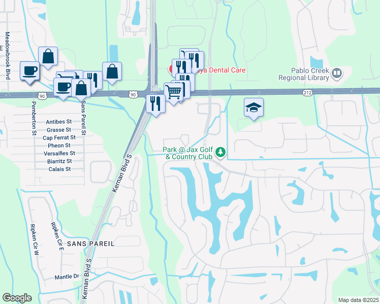map of restaurants, bars, coffee shops, grocery stores, and more near 3654 Saltmeadow Ct N in Jacksonville