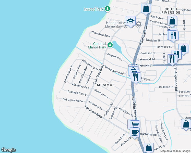 map of restaurants, bars, coffee shops, grocery stores, and more near 3954 San Jose Boulevard in Jacksonville
