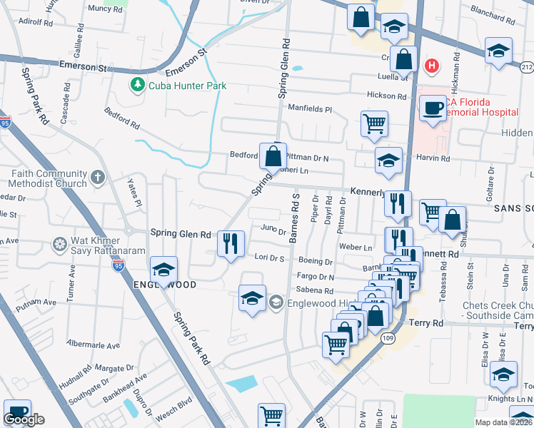 map of restaurants, bars, coffee shops, grocery stores, and more near 4064 Barnes Road South in Jacksonville