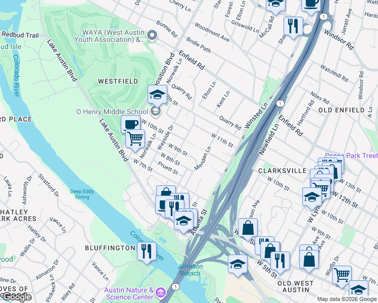map of restaurants, bars, coffee shops, grocery stores, and more near 907 Possum Trot Street in Austin
