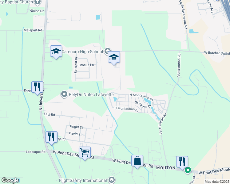 map of restaurants, bars, coffee shops, grocery stores, and more near 604 North Montauban Drive in Lafayette
