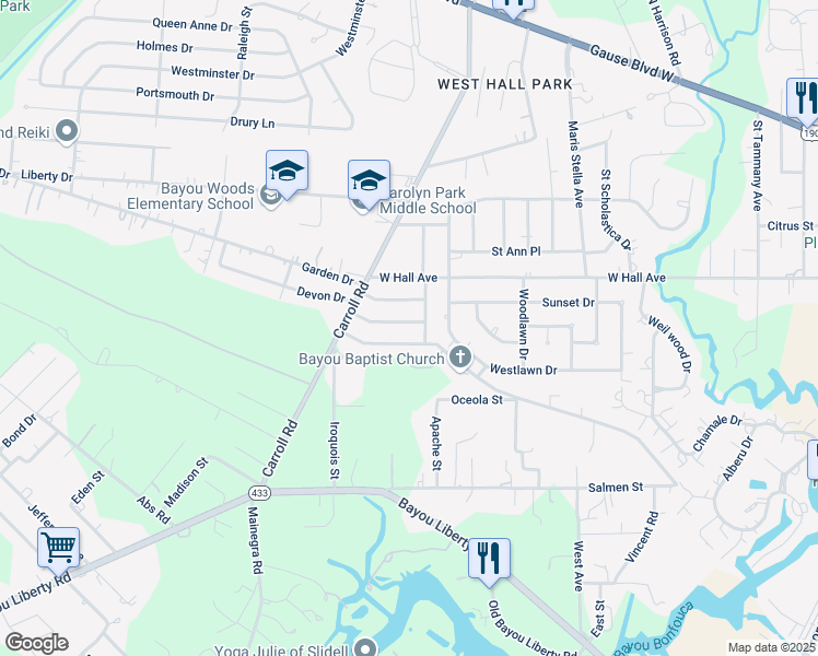 map of restaurants, bars, coffee shops, grocery stores, and more near 1719 Lynnwood Drive in Slidell