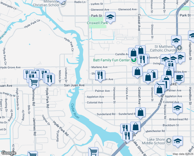 map of restaurants, bars, coffee shops, grocery stores, and more near 5352 Shirley Avenue in Jacksonville