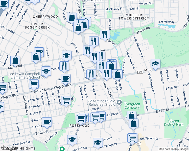 map of restaurants, bars, coffee shops, grocery stores, and more near 2943 Eckert Street in Austin