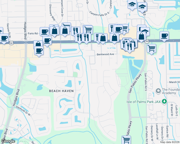map of restaurants, bars, coffee shops, grocery stores, and more near 14051 Claridge Road East in Jacksonville