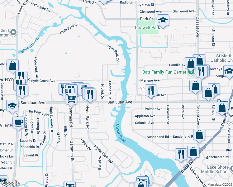 map of restaurants, bars, coffee shops, grocery stores, and more near 5615 San Juan Avenue in Jacksonville