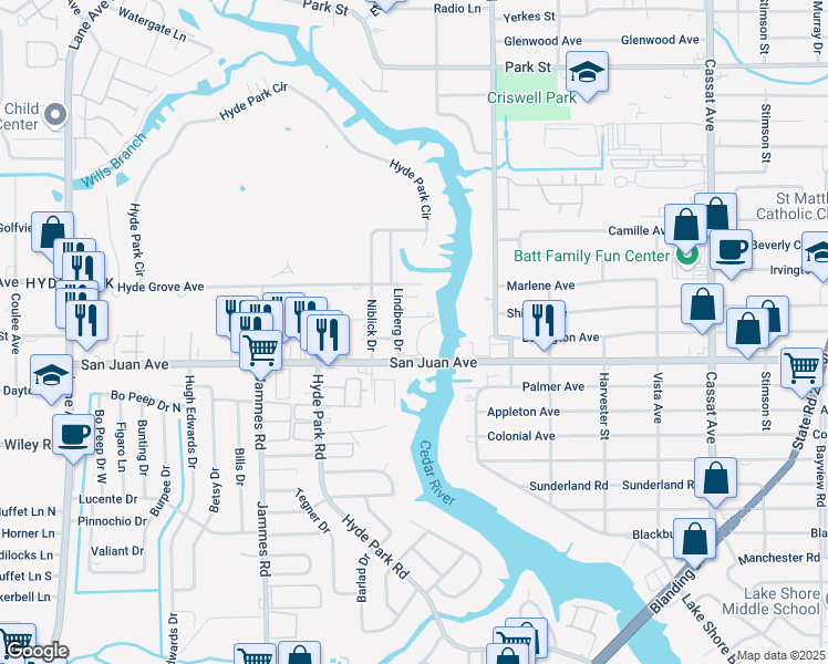 map of restaurants, bars, coffee shops, grocery stores, and more near 1845 Lindberg Drive in Jacksonville