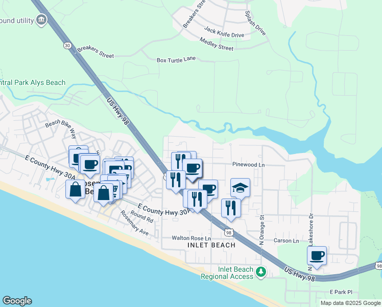 map of restaurants, bars, coffee shops, grocery stores, and more near 188 Willow Mist Road in Rosemary Beach