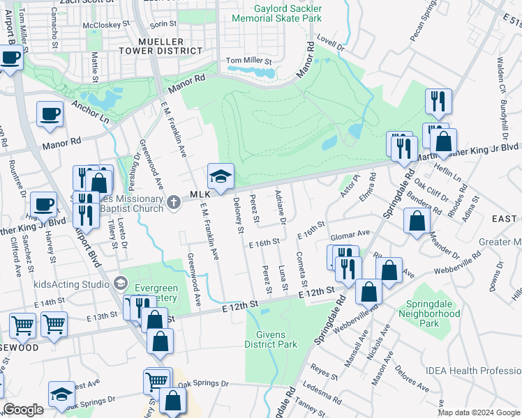 map of restaurants, bars, coffee shops, grocery stores, and more near 3903 Carmel Drive in Austin