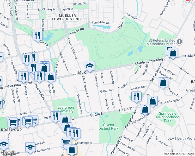 map of restaurants, bars, coffee shops, grocery stores, and more near 1805 Deloney Street in Austin