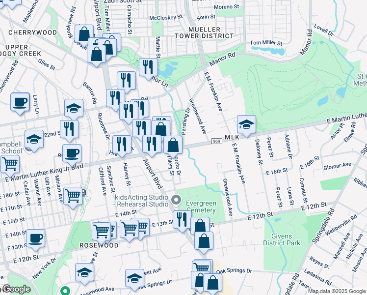 map of restaurants, bars, coffee shops, grocery stores, and more near 1904 Pershing Drive in Austin
