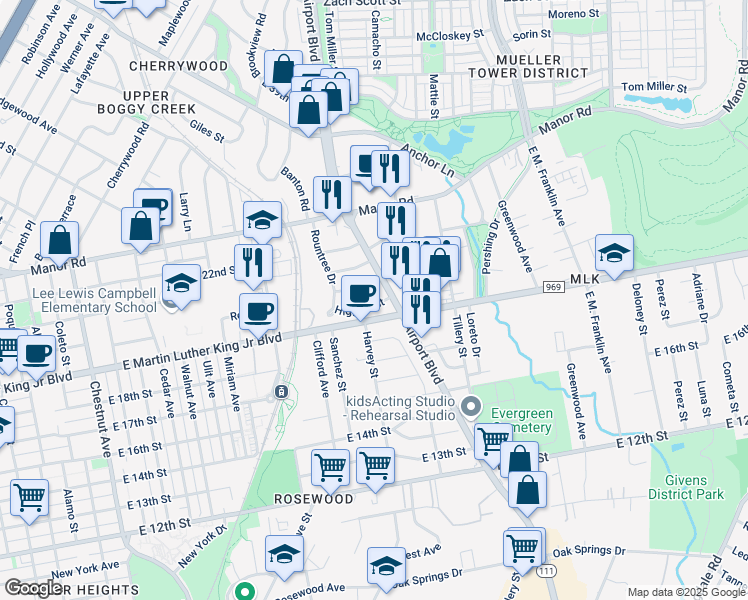 map of restaurants, bars, coffee shops, grocery stores, and more near 2943 Eckert Street in Austin