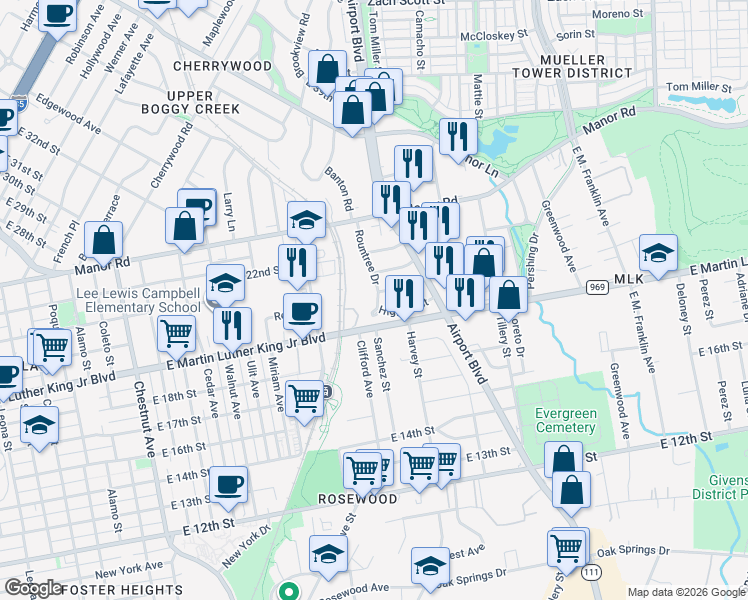 map of restaurants, bars, coffee shops, grocery stores, and more near 2100 Rountree Drive in Austin