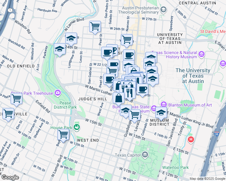 map of restaurants, bars, coffee shops, grocery stores, and more near 1912 Nueces Street in Austin