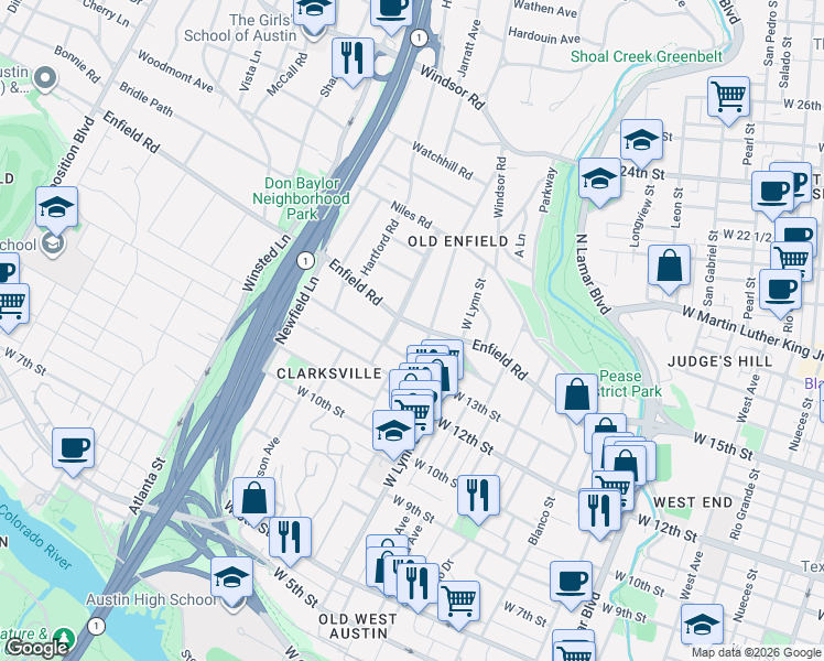 map of restaurants, bars, coffee shops, grocery stores, and more near 1618 Enfield Road in Austin