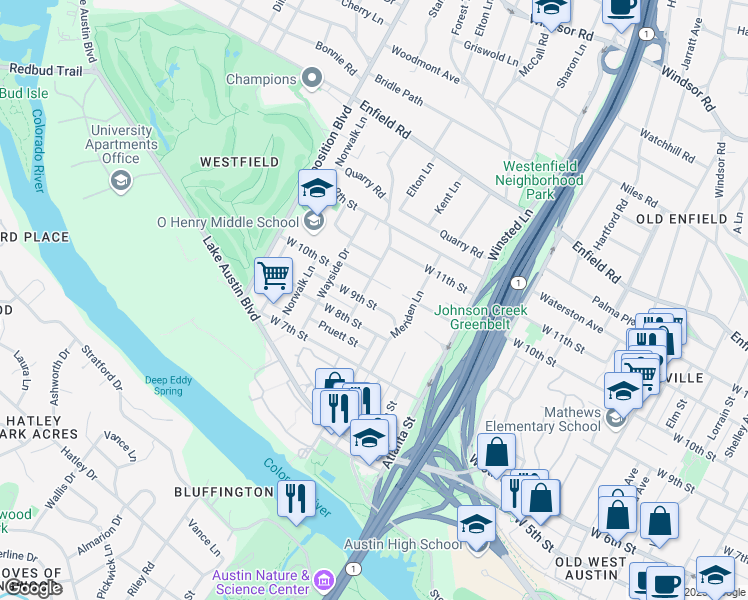 map of restaurants, bars, coffee shops, grocery stores, and more near 907 Possum Trot Street in Austin