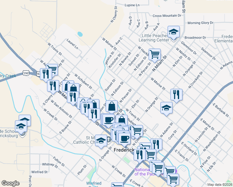 map of restaurants, bars, coffee shops, grocery stores, and more near 409 North Edison Street in Fredericksburg