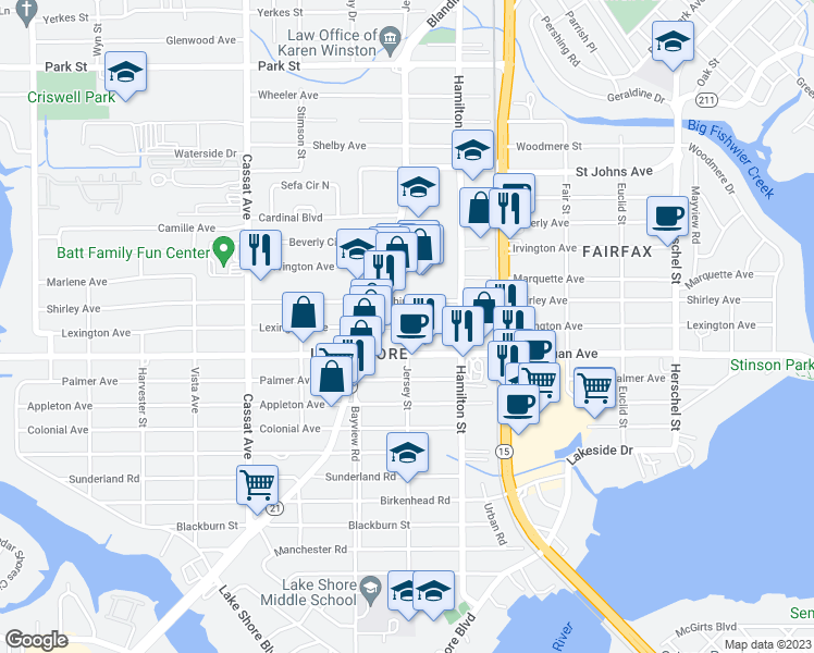 map of restaurants, bars, coffee shops, grocery stores, and more near 4601 Lexington Avenue in Jacksonville