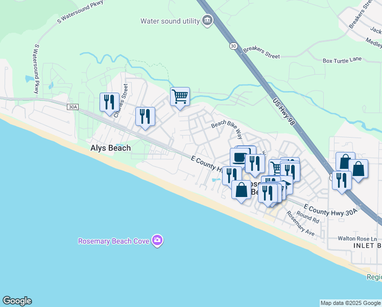 map of restaurants, bars, coffee shops, grocery stores, and more near 43 Sand Flea Drive in Rosemary Beach