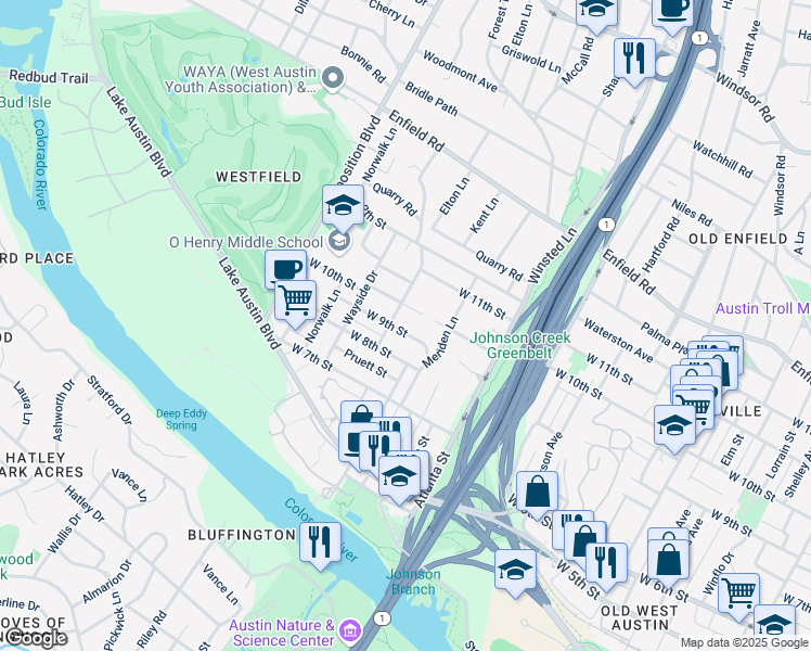 map of restaurants, bars, coffee shops, grocery stores, and more near 907 Possum Trot Street in Austin