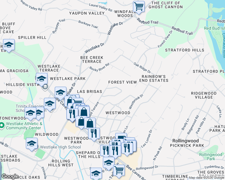 map of restaurants, bars, coffee shops, grocery stores, and more near 503 Honeycomb Ridge in Austin