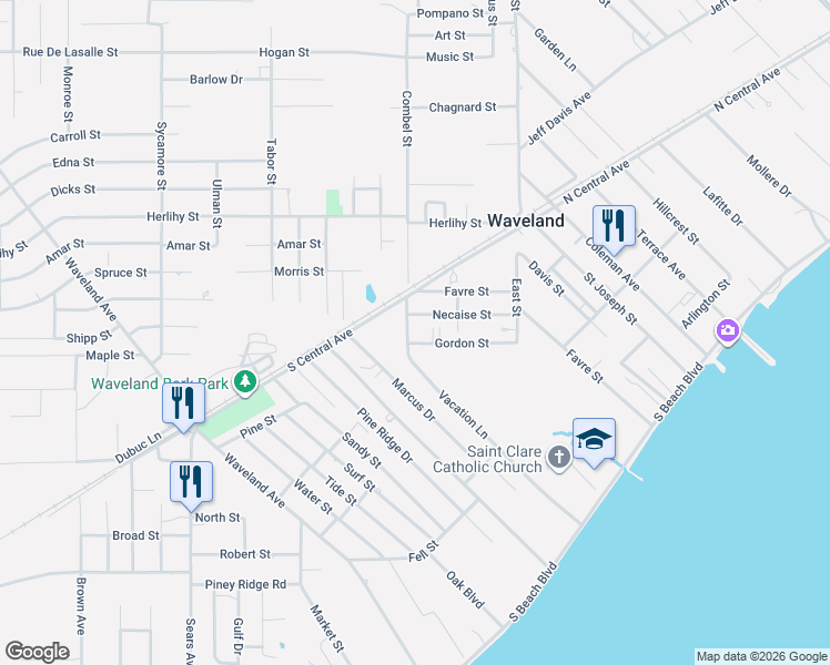 map of restaurants, bars, coffee shops, grocery stores, and more near 308 Vacation Lane in Waveland