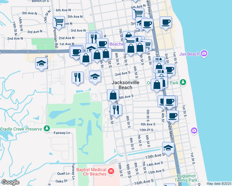 map of restaurants, bars, coffee shops, grocery stores, and more near 868 4th Avenue South in Jacksonville Beach