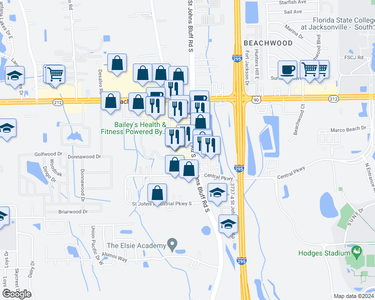map of restaurants, bars, coffee shops, grocery stores, and more near 3544 St. John's Bluff Road South in Jacksonville