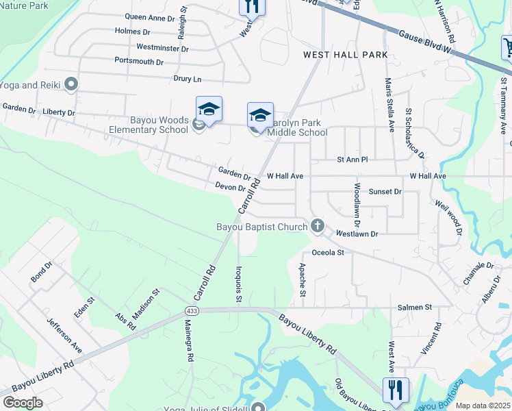 map of restaurants, bars, coffee shops, grocery stores, and more near 1719 Lynnwood Drive in Slidell